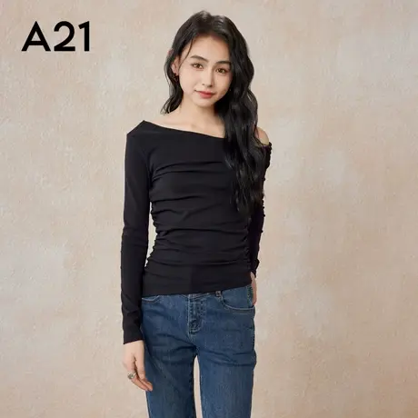 A21女装针织显瘦一字领长袖T恤露肩设计感上衣打底衫修身简约气质商品大图
