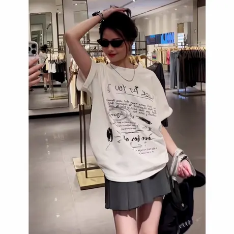 美式重磅字母印花短袖女夏季情侣半袖t恤oversize宽松白色上衣潮图片