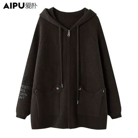 爱朴大码女装2023秋冬新款宽松休闲连帽卫衣外套通勤秋冬穿搭优雅商品大图