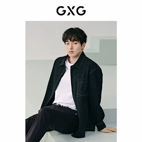 【X】GXG男装黑格水洗暗纹舒适经典时尚翻领长袖衬衫2024春季品商品大图