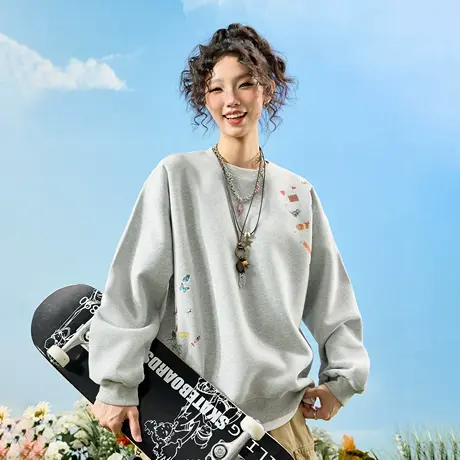 Nuthink美式潮牌卡通贴纸印花圆领卫衣姜黄色情侣男女2025秋新款商品大图
