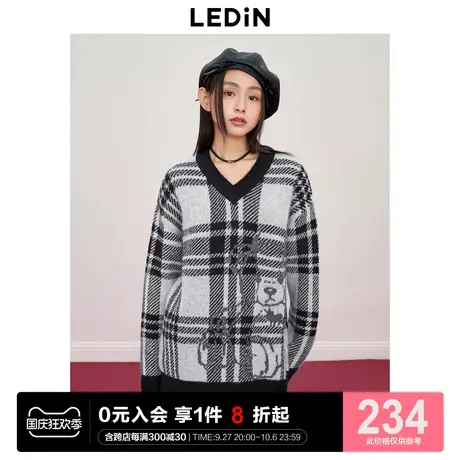 乐町马海毛宽松个性V领线套衫2023年冬新款格纹小熊提花少女毛衣商品大图