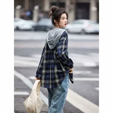 时尚气质外套2024年秋季新款女连帽格纹通勤休闲宽松百搭上衣商品大图