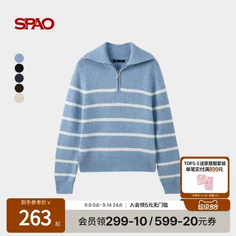 SPAO韩国同款25年秋季新品女士时尚条纹撞色翻领长袖毛衣商品大图