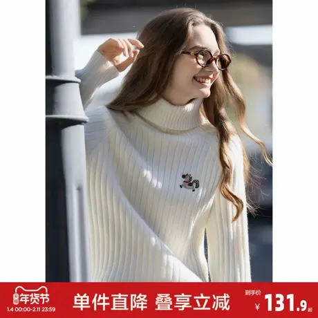 唐狮2026毛衣秋冬女内搭套头坑条可爱高领前胸小细节机绣毛线衫商品大图