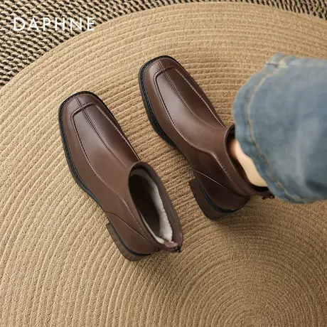 达芙妮加绒棕色短靴女2025新款冬季复古方头瘦瘦靴粗跟英伦马丁靴图片