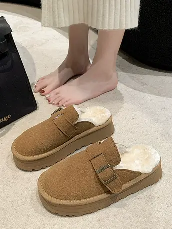 加绒博肯鞋厚底女冬懒人复古包头半拖鞋外穿2023新款勃肯半托女鞋商品大图