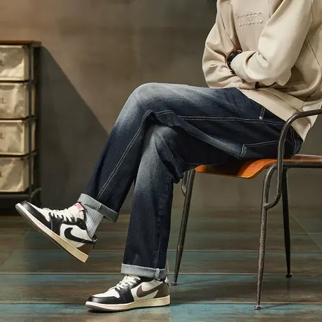 唐狮秋季美式复古高街牛仔长裤男款休闲百搭运动风宽松裤子TMTA图片