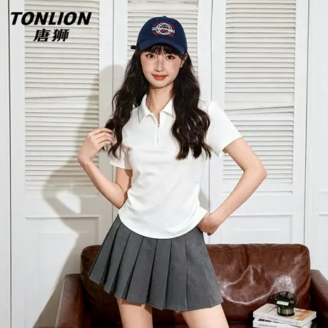 唐狮官方翻领短袖女t恤夏2026新款女士收腰抽褶半拉链短款上衣VB图片
