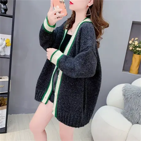 设计感撞色V领针织开衫女秋冬2023新款韩版女装宽松大码毛衣外套商品大图