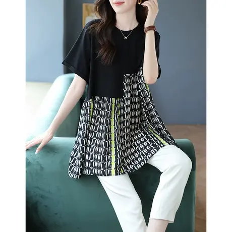 宝诗黎圆领假两件印花拼接T恤女夏季宽松短袖2023年新款时尚上衣图片