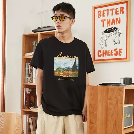 唐狮梵油画纯棉短袖t恤男夏季潮休闲宽松圆领打底衫半袖衣服商品大图
