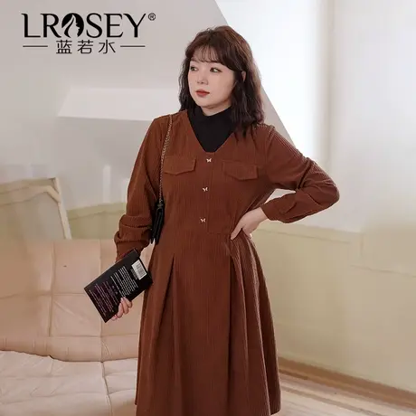 蓝若水大码胖MM冬季新款气质假两件高领灯芯绒遮肚显瘦内搭连衣裙商品大图