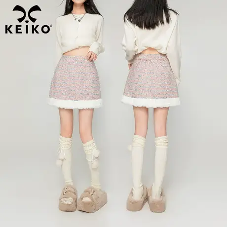 KEIKO 彩纱粗花呢A字半身裙2023秋冬小香风高腰显瘦气质包臀裙子图片
