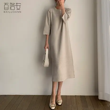 百洛安气质圆领针织连衣裙女2023秋冬新款宽松长款过膝打底毛衣潮图片