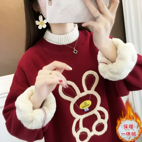 秋冬半高领红色女装时尚洋气上衣加绒加厚卫衣女2023新款爆款外套图片