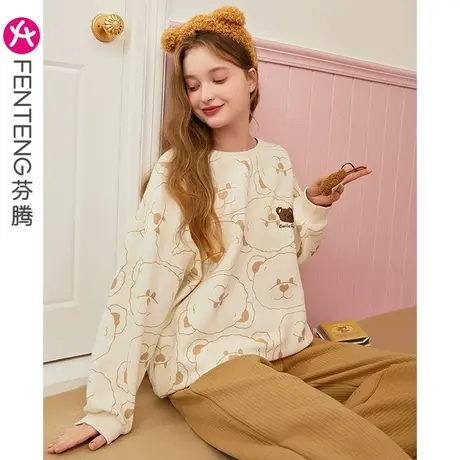 芬腾睡衣女秋冬季空气棉夹层纯棉长袖春秋三层加厚卡通家居服套装商品大图
