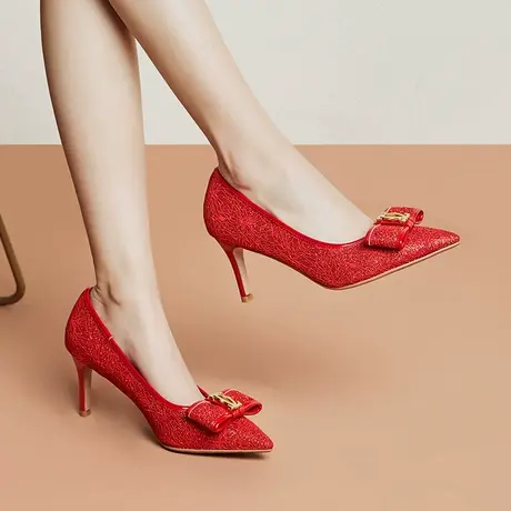 2023春季新款正红色细高跟鞋蕾丝婚礼单鞋气质优雅蝴蝶结尖头女鞋图片