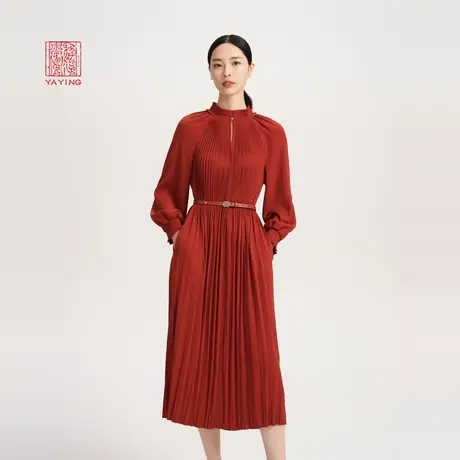 EP雅莹高端系列 红色优雅腰带设计立领灯笼袖压褶连衣裙 4824A商品大图