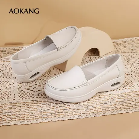 奥康女鞋 百搭秋季气质单鞋护士鞋职业办公室米白坡跟舒适软底图片