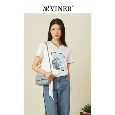 YINER音儿专柜女装2022夏季新款圆领小众印花白色短袖t恤商品大图