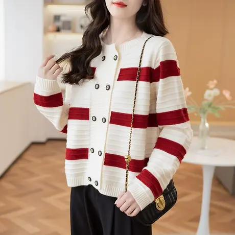 23078新款韩版宽松条纹圆领针织衫双排扣外套毛衣长袖开衫女士图片