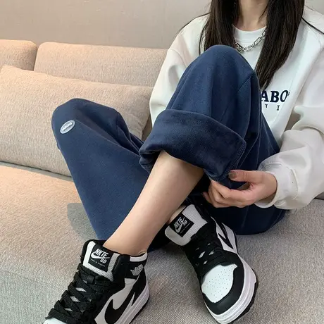 蓝色加绒运动裤女宽松休闲春秋季新款高腰大码束脚两穿阔腿卫裤子图片