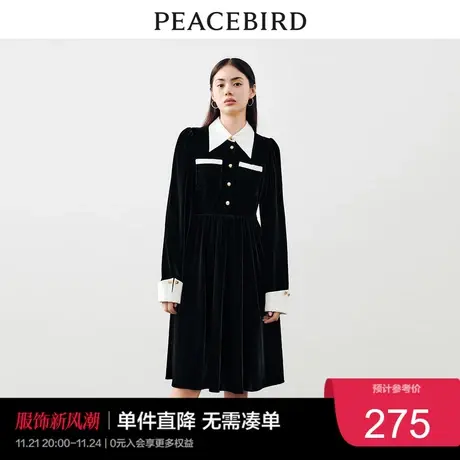 太平鸟 2023年秋季小香风拼接丝绒连衣裙女士收腰气质中长裙奥莱图片