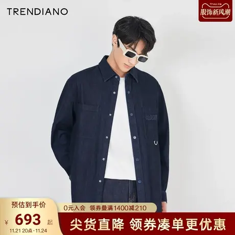 TRENDIANO宽松棉牛仔衬衫2023秋季新款绿色织带拼接外套男士衬衣商品大图
