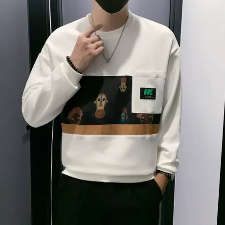 潮牌圆领卫衣2023秋季新品网红重磅美式拼色印花宽松长袖t恤外套图片