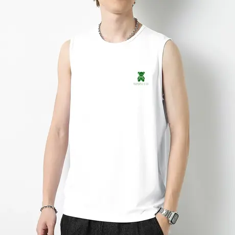 莫代尔棉背心男士夏季小熊白色无袖t恤健身跨栏冰丝速干运动坎肩商品大图