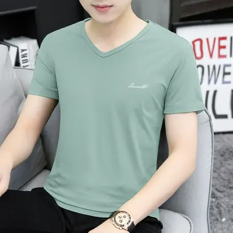 莫代尔冰丝t恤男士短袖V领上衣服潮牌夏季速干凉感体恤半袖打底衫商品大图