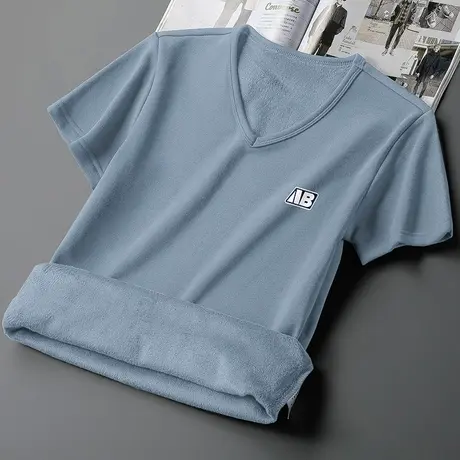 短袖t恤男秋冬潮流V领上衣服加绒加厚保暖内搭打底衫印花半袖体恤图片