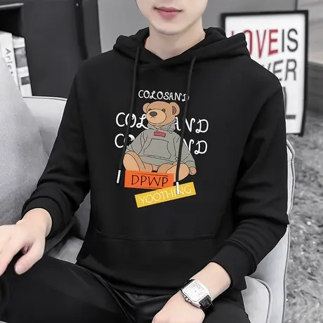 黑色卫衣男潮ins春秋款宽松潮流小熊连帽外套加绒加厚长袖带帽衫商品大图