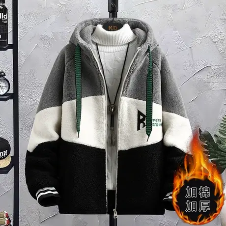 冬季羊羔绒棉衣男潮牌宽松帅气加厚连帽2023年爆款颗粒绒棉服外套图片