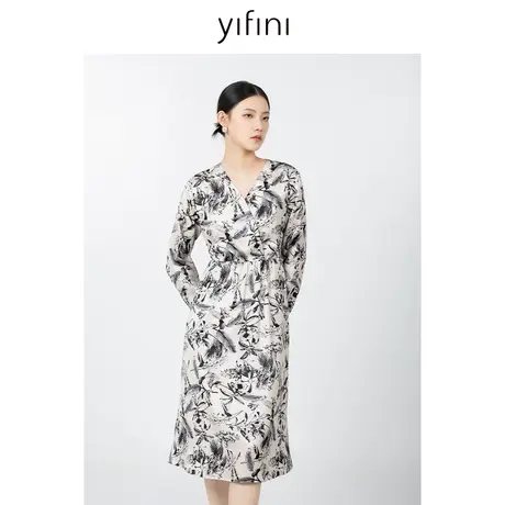 Yifini/易菲水墨印花气质收腰显瘦V领长袖连衣裙女秋季新款图片