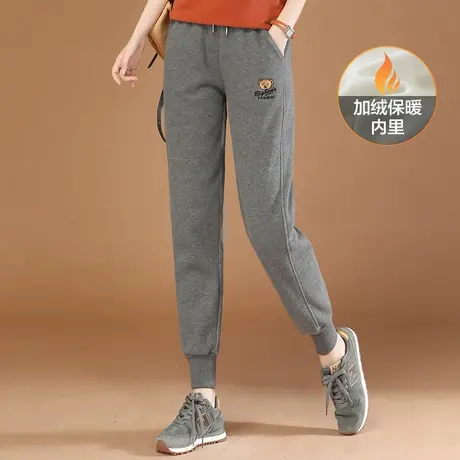 韩潮袭人松紧腰刺绣束脚加绒卫裤女2023冬季新款显瘦加厚休闲裤图片