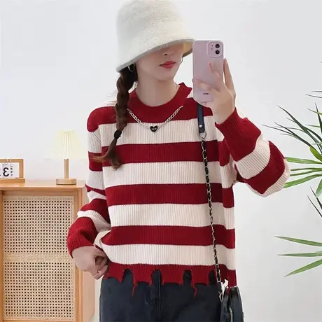 条纹慵懒宽松冬款毛衣女内搭2023年新款秋冬季长袖打底衫女士爆款商品大图