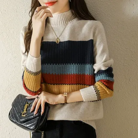 半高领毛衣女秋冬季打底衫加厚针织衫2023新款宽松拼色设计感上衣图片