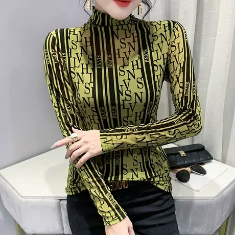 高领打底衫女秋冬加厚保暖紧身内搭长袖T恤欧货小衫网纱加绒上衣商品大图