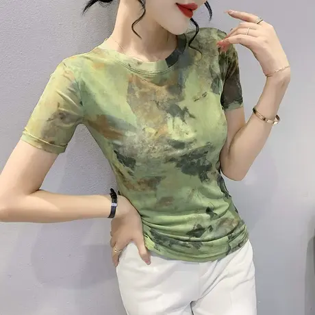 欧货晕染短袖上衣女2024夏季新款设计感小众洋气小衫性感网纱T恤商品大图