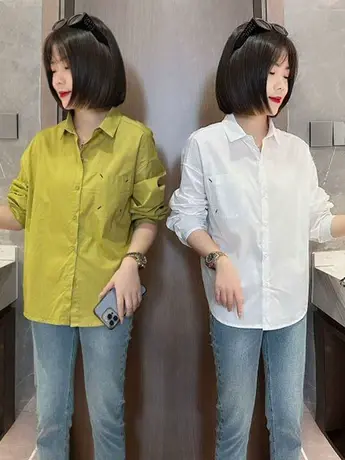 2023春季简约纯色衬衫女长袖设计感复古港味宽松显瘦百搭休闲上衣商品大图