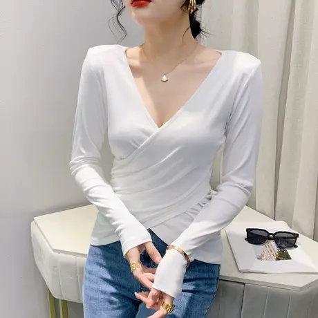 性感交叉V领T恤女长袖秋冬下摆开叉不规则上衣收腰百搭显瘦小衫潮商品大图