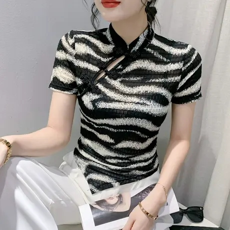 中式复古T恤女短袖2024夏季新款时尚盘扣小衫设计感网纱立领上衣商品大图