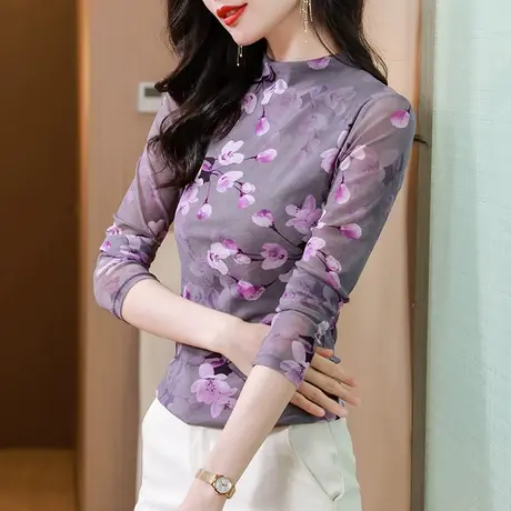网纱打底衫女内搭长袖秋装2024新款气质显瘦雪纺衫半高领印花上衣图片