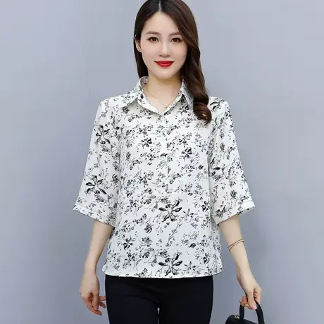 碎花短袖雪纺衫女2023新款今年别致宽松胖mm遮肚子大码巨显瘦上衣商品大图