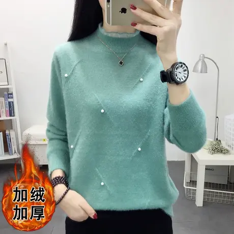 蕾丝半高领加厚加绒水貂绒女士毛衣内搭2021秋冬新款针织打底衫女商品大图