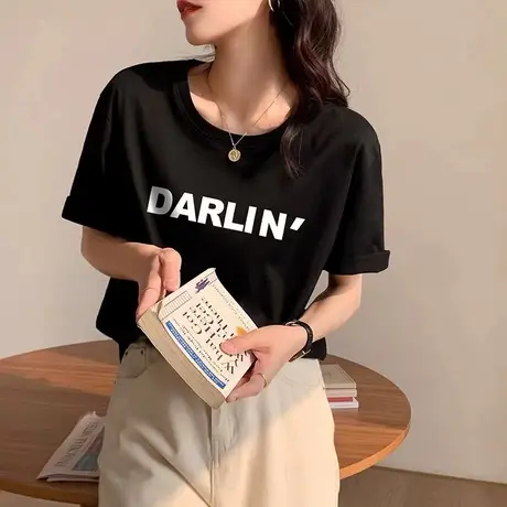 短袖t恤女2023夏季新款女装字母印花宽松纯棉半袖体恤上衣服ins潮商品大图