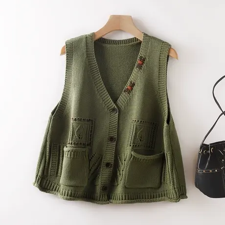 复古手工钩花马甲女秋冬外穿休闲文艺无袖毛衣女粗毛线叠穿坎肩厚图片