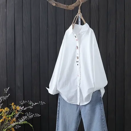 文艺设计感小众纯棉衬衣打底衫女春季新款百搭宽松休闲港风白衬衫商品大图